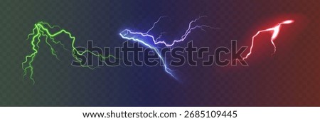 Set of the isolated realistic lightnings with transparency for design. Thunder-storm and lightnings. Magic and bright lighting effects. Natural effects