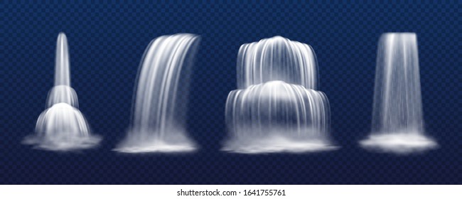 Set of isolated realistic vector cascade waterfall isolated on transparent background. Mountain fall of water, park stream or liquid drop. Victoria and niagara. Scenery and landscape, nature theme