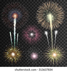 Set of isolated realistic vector fireworks on transparent background