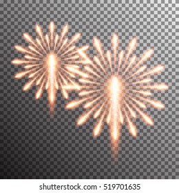Set of isolated realistic vector fireworks on transparent background