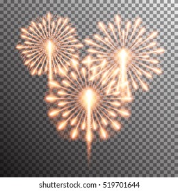 Set of isolated realistic vector fireworks on transparent background