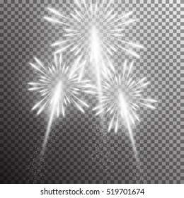 Set of isolated realistic vector fireworks on transparent background