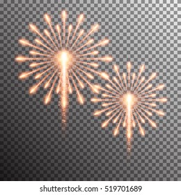 Set of isolated realistic vector fireworks on transparent background