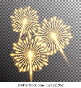 Set of isolated realistic vector fireworks on transparent background