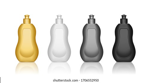 Set of isolated realistic white, black, silver and golden dishwashing liquid detergent bottle mockups. Vector illustration for brand design. Blank household and hygiene package template