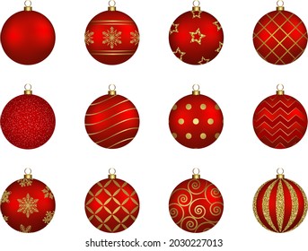 set of isolated red christmas balls with gold decorations
