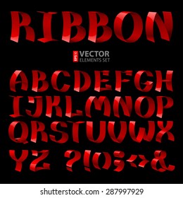 Set of isolated red color curled shiny ribbon font alphabet letters on black background. RGB EPS 10 vector illustration