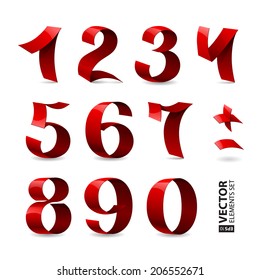 Set of isolated red color shining ribbon numbers on white background. RGB EPS 10 vector illustration