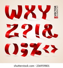 Set of isolated red color shiny ribbon font W-Z letters and punctuation marks. RGB EPS 10 vector illustration