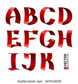 Set of isolated red color shiny ribbon font A-K letters. RGB EPS 10 vector illustration