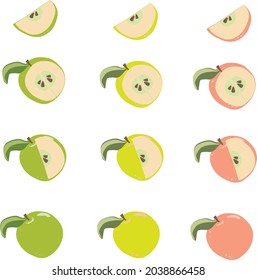 Set einzeln auf rotem, grünem, gelbem Apfel, Scheiben und saftigen ganzen Früchten auf weißem Hintergrund. Vektorbild