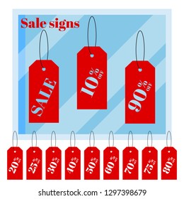 Set of isolated red iscount price labels tags on white background with cartoon flat shop window. Vector illustration sale banners in cut out shapes. 