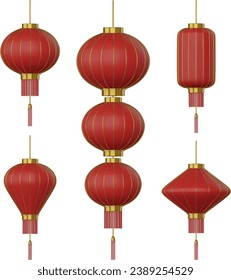 Set von roten Laternen einzeln. Sammlung von 3D-chinesischen Laternen. Chinesische Neujahrslaternen realistische Illustration