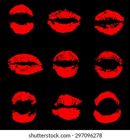Set of isolated red lip prints on black background vector illustration