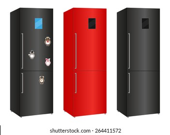 Set of isolated refrigerators black and red refrigerators with magnets
