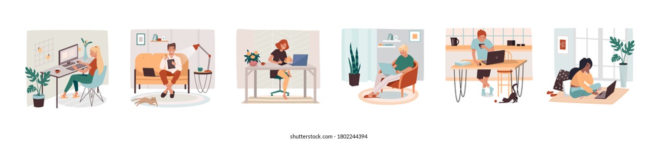 Set of isolated remote work or freelance job sign. Man and woman working with tablet and notebook, pc or computer. Male and female freelancer at home working. Cartoon employee at desk or table