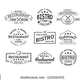 Set of isolated restaurant logo with knife and fork element. Vintage sign for cafe or bistro menu, banner with chef hat and stars. Brand for bistro or classic symbol template for business. Food