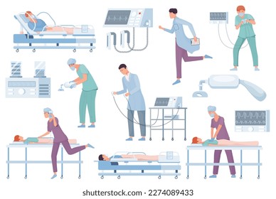 Set with isolated resuscitation intensive care flat icons of operating suite equipment lying patients and doctors vector illustration