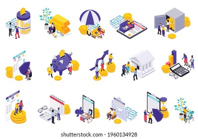 Set of isolated retirement preparation plan icons with isometric human characters images of coins and agreements vector illustration