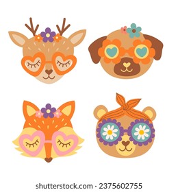 set of isolated retro animal faces deer, dog, fox, bear