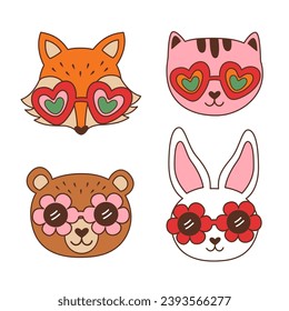 set of isolated retro animal faces fox, cat, bear, hare