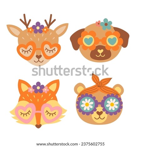 set of isolated retro animal faces deer, dog, fox, bear