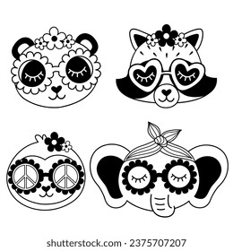 set of isolated retro black animal faces panda, raccoon, sloth, elephant