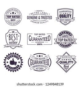 Set of isolated retro brand logo. Vintage certificate stamp for best seller, sign or tag with star, crown and ribbon, premium quality assurance for product, classic company badge. Trade and sale theme