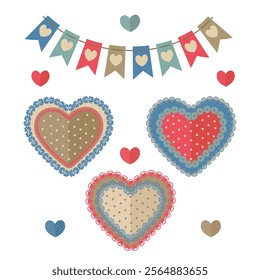 set of isolated retro decorative hearts and garland