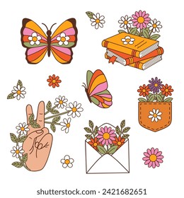 set of isolated retro flower, books, butterfly