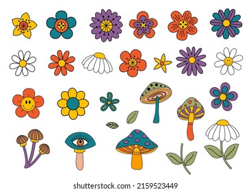 
 set of isolated retro flowers and mushrooms