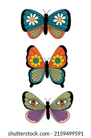 set of isolated retro groovy butterfly