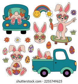 set of isolated retro groovy easter rabbit