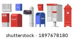 Set of isolated retro mailbox or vintage post box. Letter boxes for communication, traditional english mailing service. Europe correspondence service for postage. Old email symbol for contact address