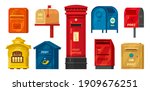 Set of isolated retro mailbox or vintage post box. Letter boxes for communication, traditional english mailing service. Europe correspondence service for postage. Old email symbol for contact address