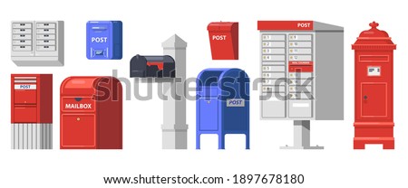 Set of isolated retro mailbox or vintage post box. Letter boxes for communication, traditional english mailing service. Europe correspondence service for postage. Old email symbol for contact address