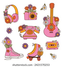 set of isolated retro  objects.Telephone, camera, guitar, roller skates, sneakers, cassette, headphones