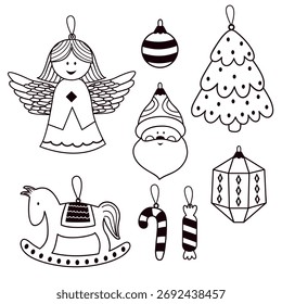 set of isolated retro outline cute Christmas ornaments