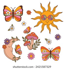 set of isolated retro sun, moon, butterfly, mushroom, 