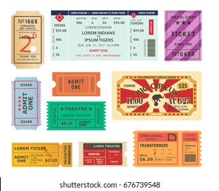 Set of isolated retro tickets for cinema or theater, circus or movie hall, entertainment and concert performance. Retro or vintage torn coupon for movie or film seats at premiere,