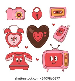 set of isolated retro TV, phone, camera, cassette, alarm clock for Valentine's Day