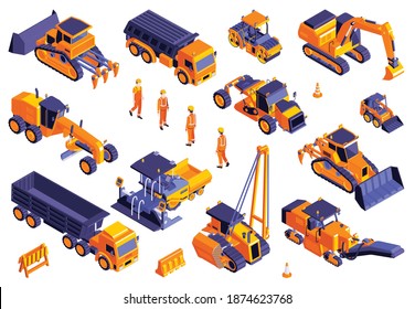 Set of isolated road construction icons and isometric images of machinery trucks and bulldozers with workers vector illustration