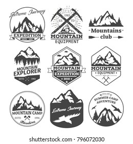 Set of isolated rocky summer or winter mountains silhouette landscape with bird and pickaxe, forest and arrows. Relief of high hills or peaks. Nature and travel, journey and tourism logo, badge