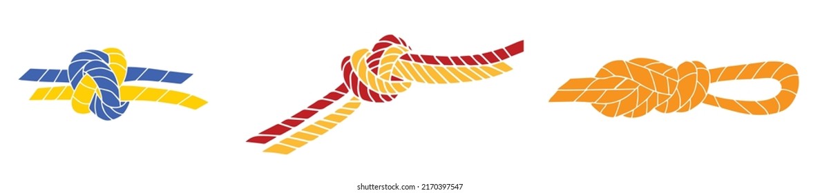 Set of isolated ropes with different knot types. Nautical thread or cord with sheet bend. Two ropes knotted or whipcord intertwined. Marine