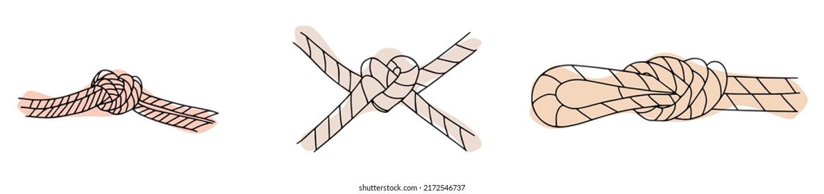 Set of isolated ropes with different knot types. Nautical thread or cord with sheet bend and overhand, granny and figure eight, square or reef knot. Two ropes knotted or whipcord intertwined. 