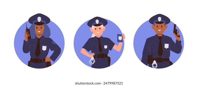Set von isolierten runden Komposition mit glücklichen Kindern Polizisten Cartoon Charaktere