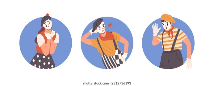 Conjunto de íconos aislados de marco redondo con personajes adorables de dibujos animados artísticos masculinos y femeninos