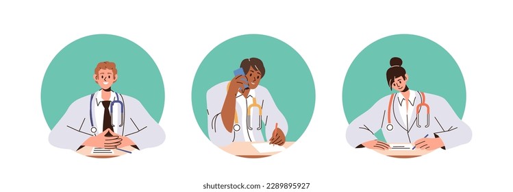 Set of isolated round icons with smiling doctor characters giving prescription for patient