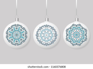 Set isolated round sphere Christmas balls hanging on ribbon. Collection of Baubles with ornaments. New Year Decoration. Vector illustration background design. 