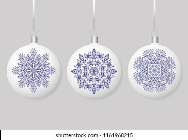 Set isolated round sphere Christmas balls hanging on ribbon. Collection of Baubles with ornaments. New Year Decoration. Vector illustration background design. 